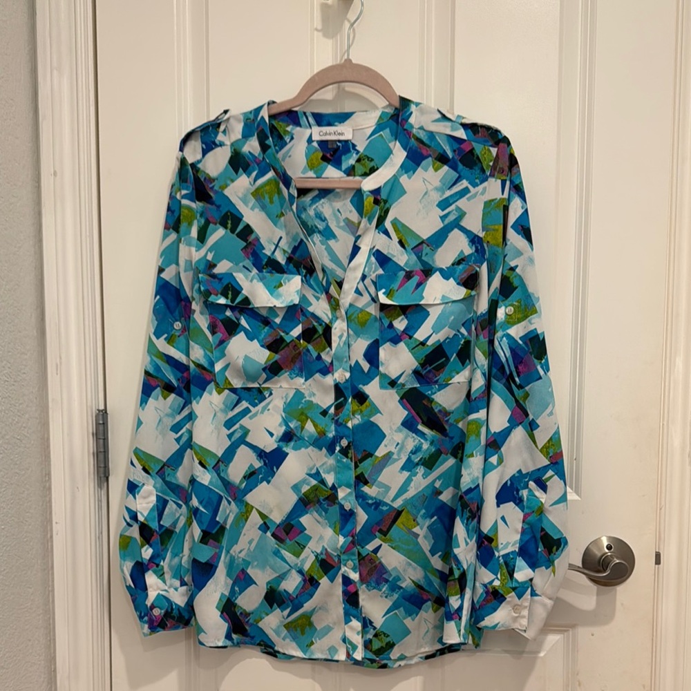 Calvin Klein Women’s Abstract Print Button-Down Blouse Top Size M - Gently Used